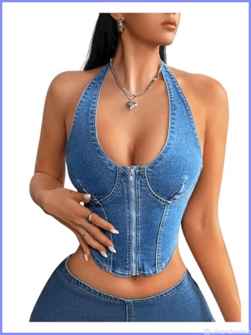 Denim Halter Crop Tank Top Sleeveless Zipper Backless